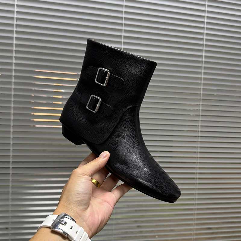 3cm/牛皮/时尚真皮粗跟短靴女双层短筒简约方头套筒皮靴子女4041