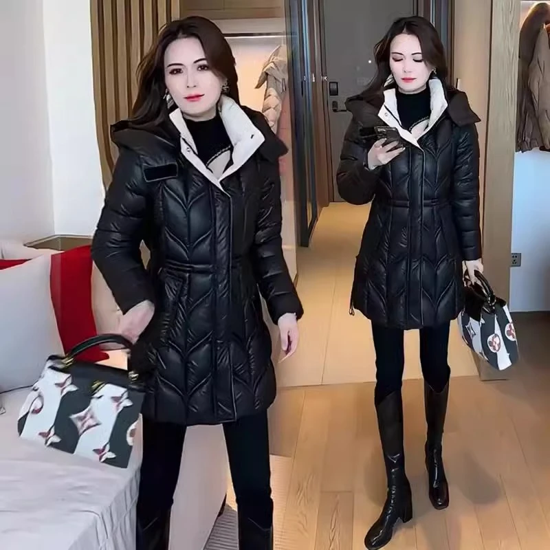 高端亮面免洗羽绒棉服女2024冬季新款收腰中长款加厚连帽棉袄外套