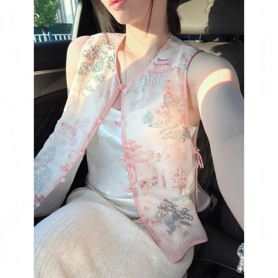 【亭台楼阁】夏季绣花轻薄透气中式马甲女装上衣无袖花色双层
