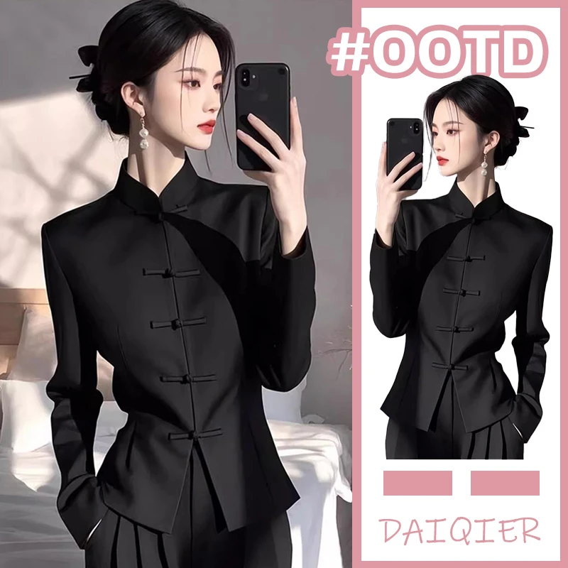 春季高端气质独特别致上衣轻奢洋气高级感新中式国风黑色盘扣衬衫