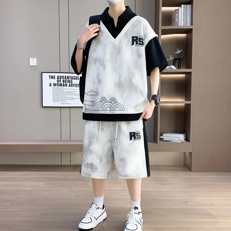 青少年卫衣外套夏季男士套装学生翻领假两件休闲宽松帅气短袖短裤