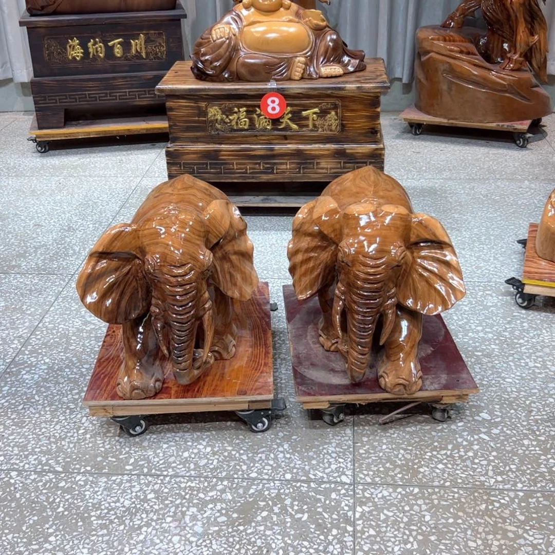 龙***下香樟木实木根雕摆件大象一对
