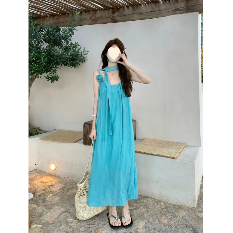 学院风文艺长连衣裙度假风显白立体花朵绑带吊带长裙连衣裙