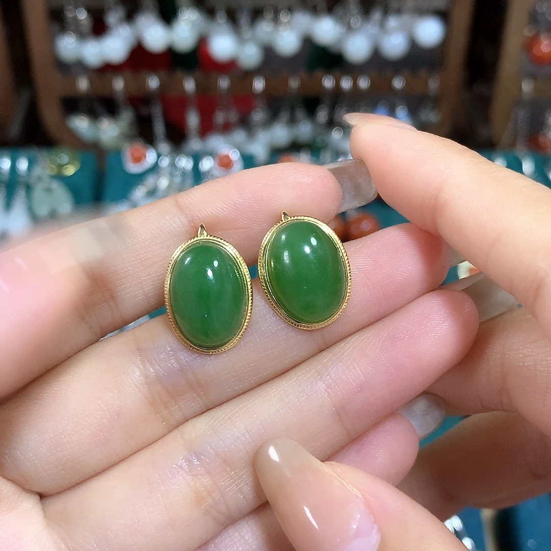 和田玉耳饰银S925镶嵌14*10左右