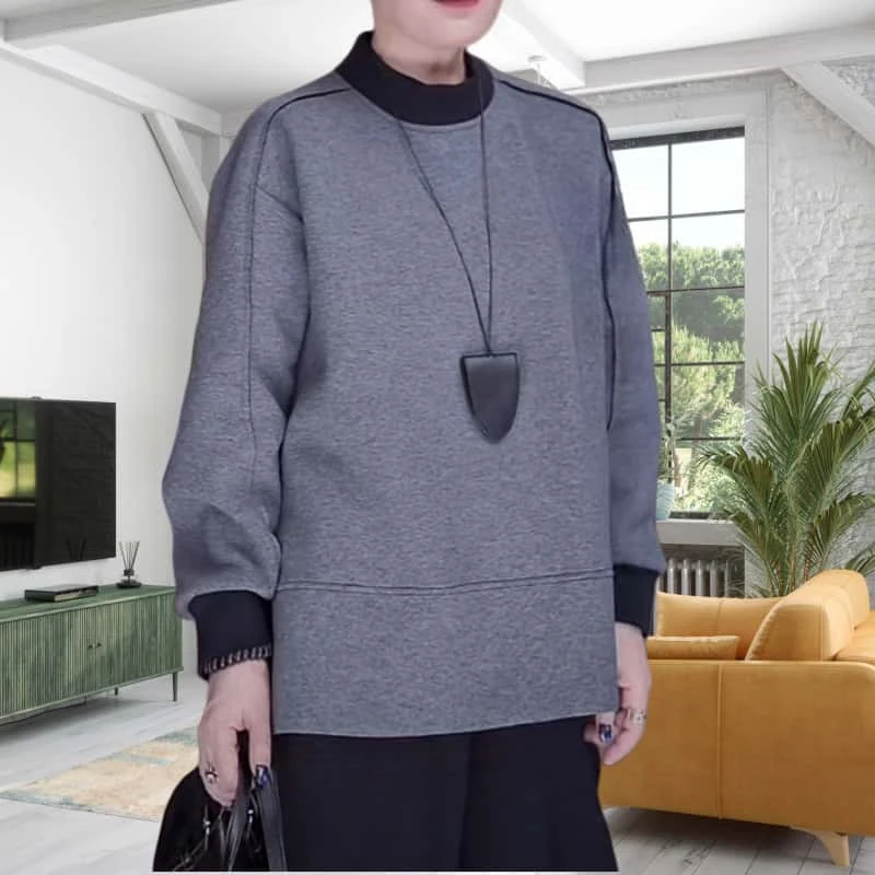 宽松时尚慵懒风圆领卫衣女秋冬气质减龄休闲百搭螺纹长袖拼接上衣