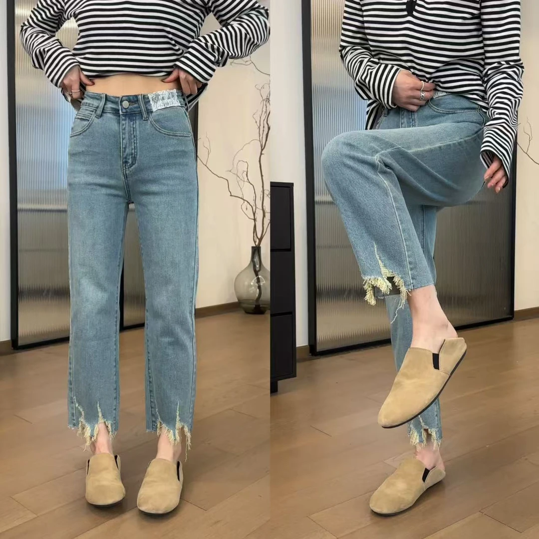 2025春 蕾丝拼接破坏工艺不规则牛仔裤 2502C550