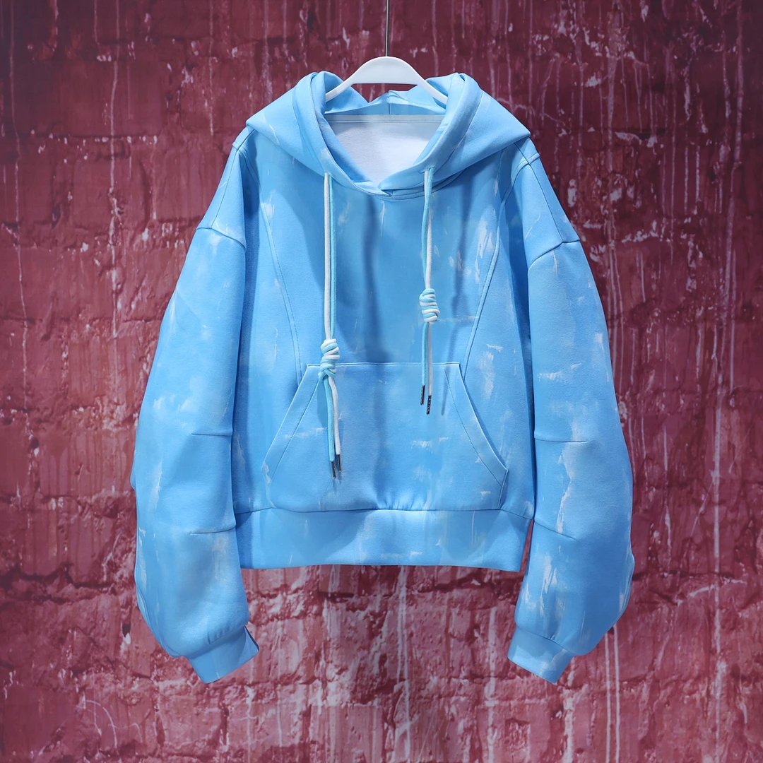 【LIANG哥女装】2025春季天蓝色混染连帽弯刀袖休闲卫衣6196A