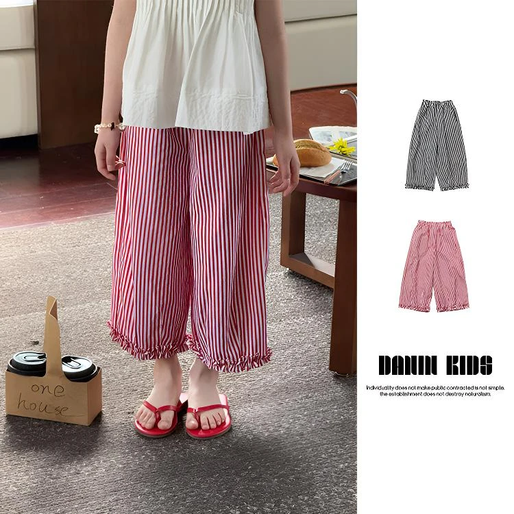 【嗒囜】女童裤子夏季宽松百搭条纹八分休闲裤儿童森系服装直筒裤