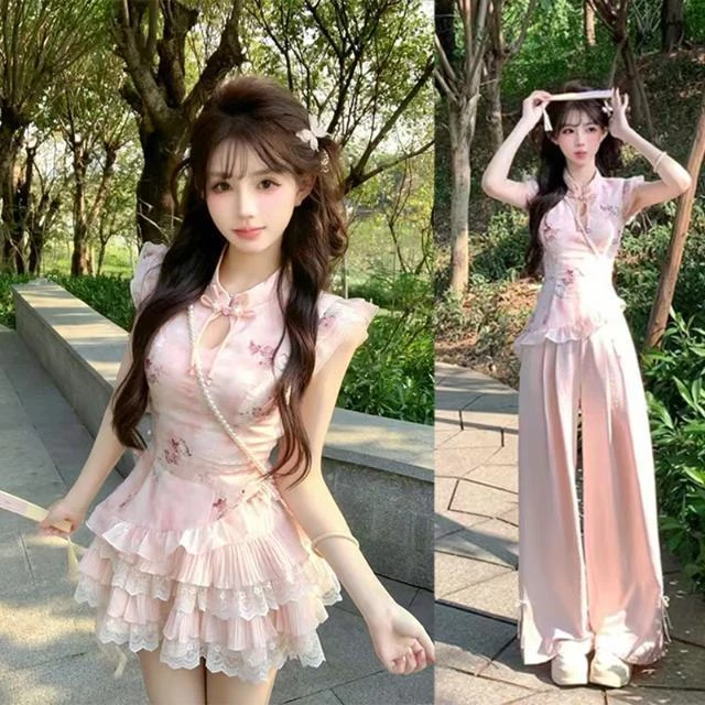 国风新中式 温柔风绝美盘扣上衣+半身裙套装甜美小众2025夏小个子