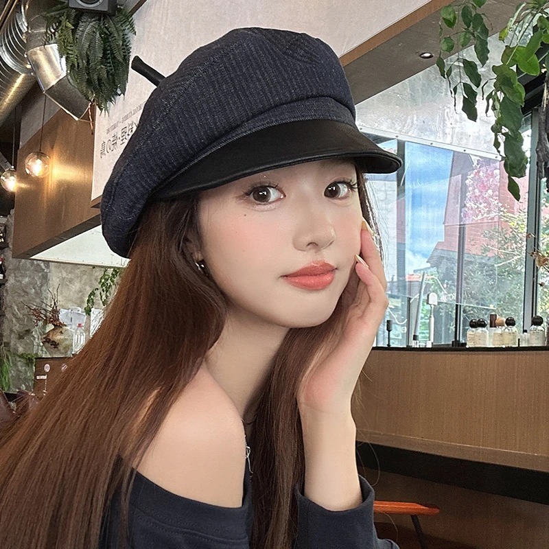 朵澜秋冬复古牛仔拼接皮檐英伦风海军帽贝雷帽百搭减龄显脸小