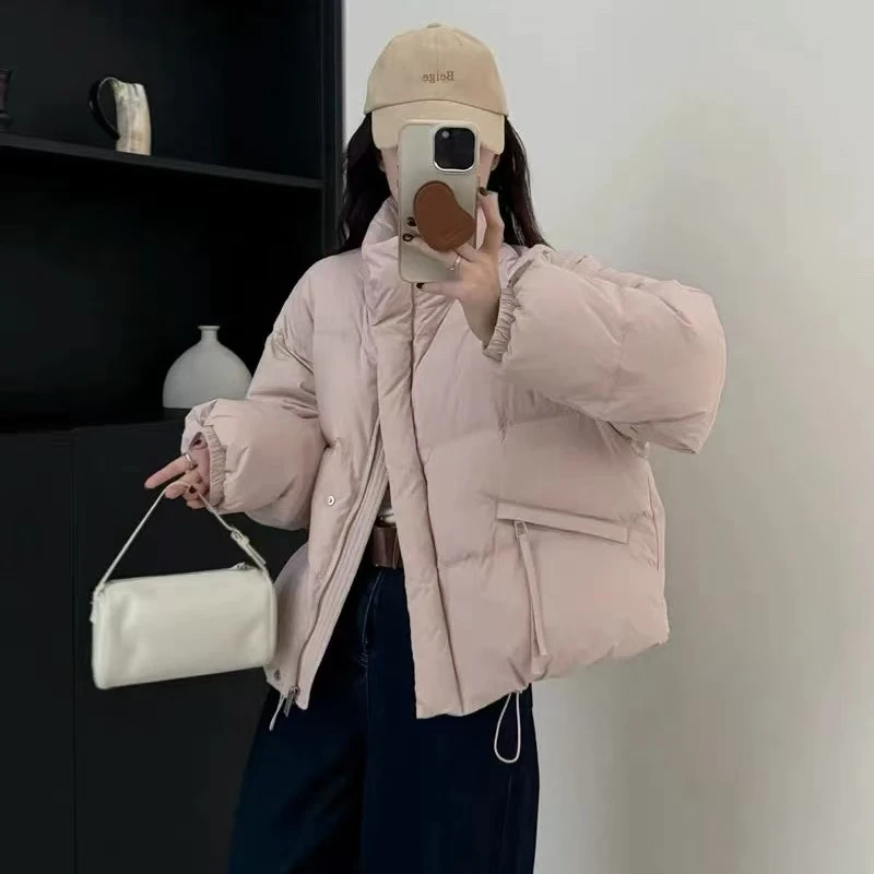 新款羽绒服女装短款立领斜拉链羽绒服