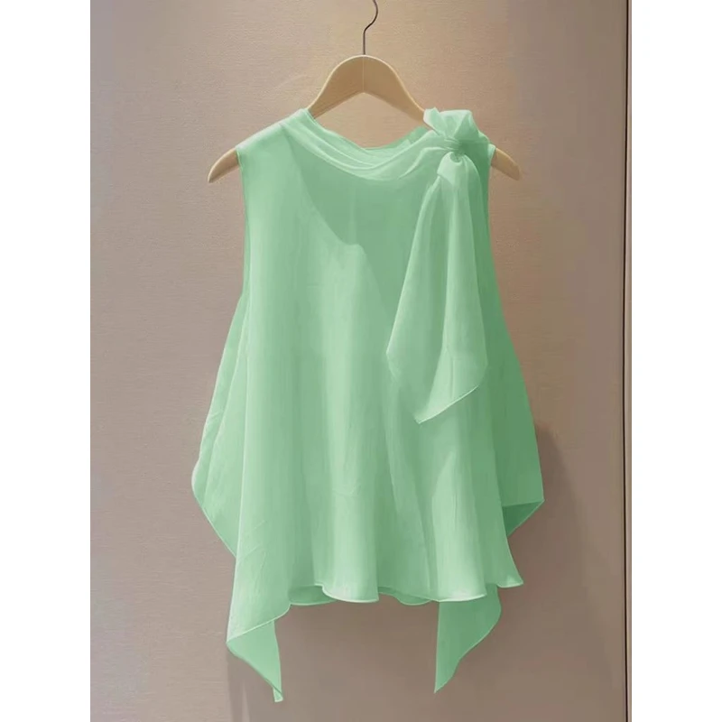 漂亮洋气高端别致小衫法式上衣绿色无袖蝴蝶结衬衫2025夏季新款