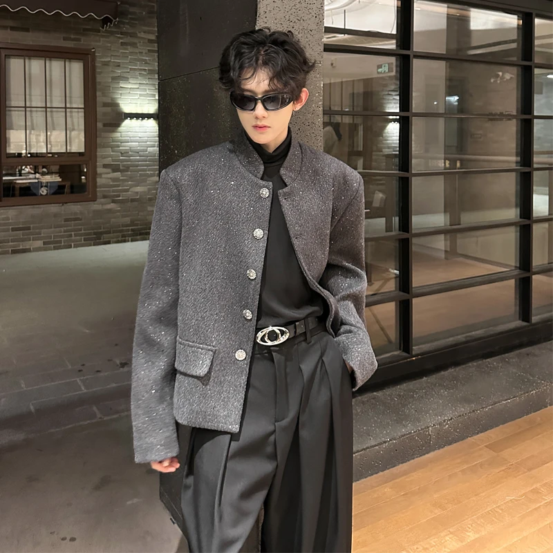 秋冬装小众满天星亮闪闪短款毛呢夹克男设计感复古新中式立领外套