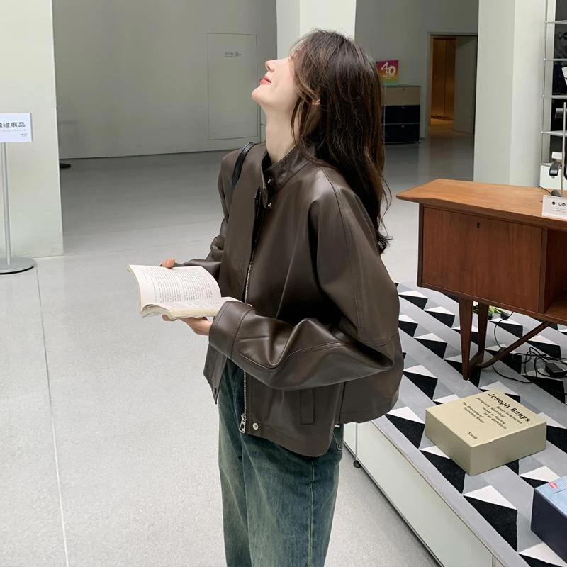 美拉德咖色小皮衣外套女2025春秋新款高级感炸街小个子机车服夹克