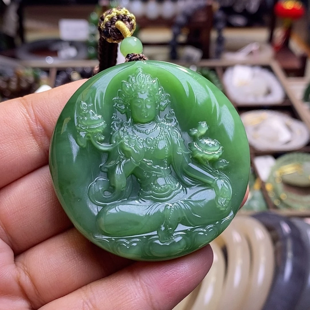 颈饰未镶嵌和田玉碧玉阳绿精品雕刻绿度母吊坠