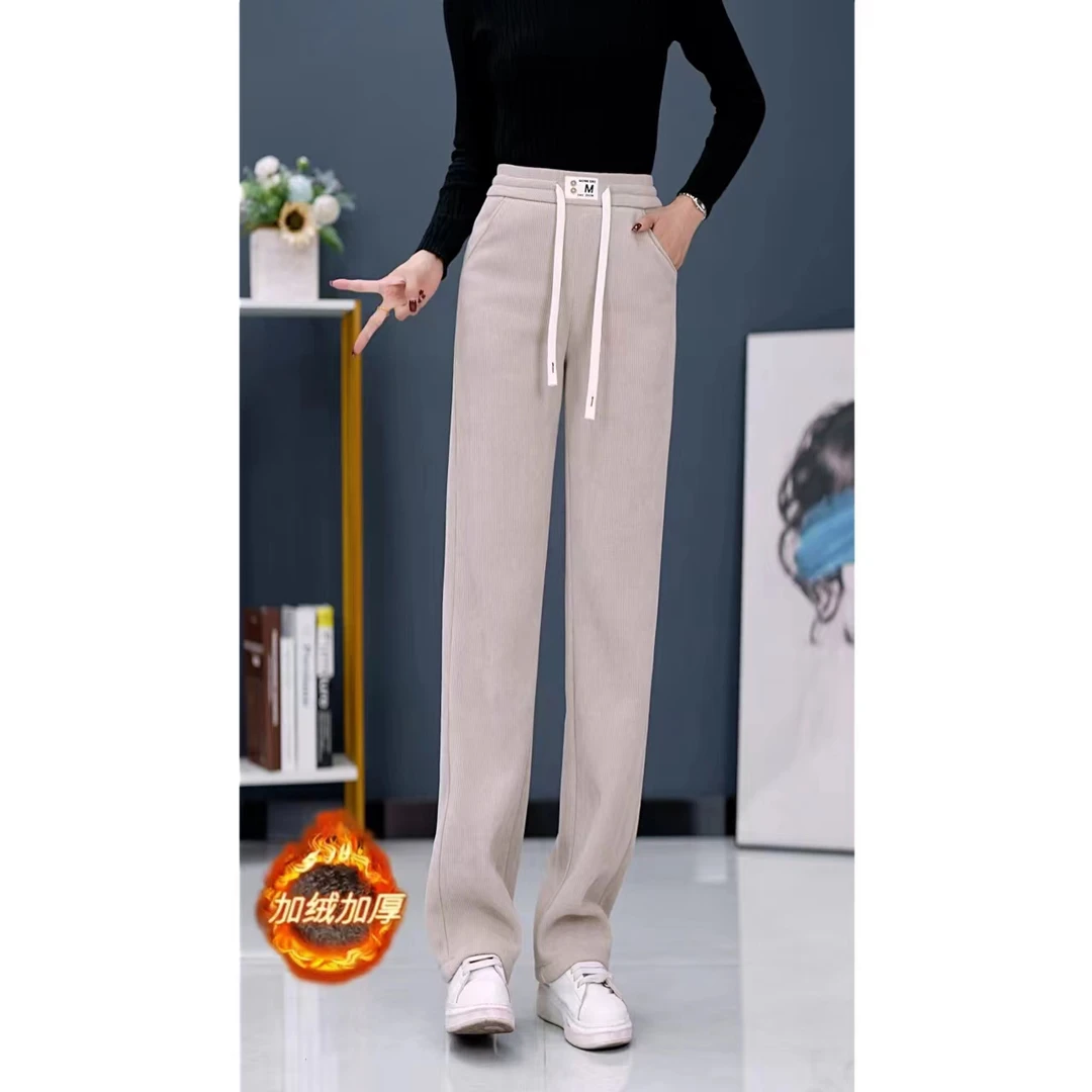 秋冬新款高腰窄版百搭阔腿裤加绒加厚宽松显瘦直筒垂感休闲裤