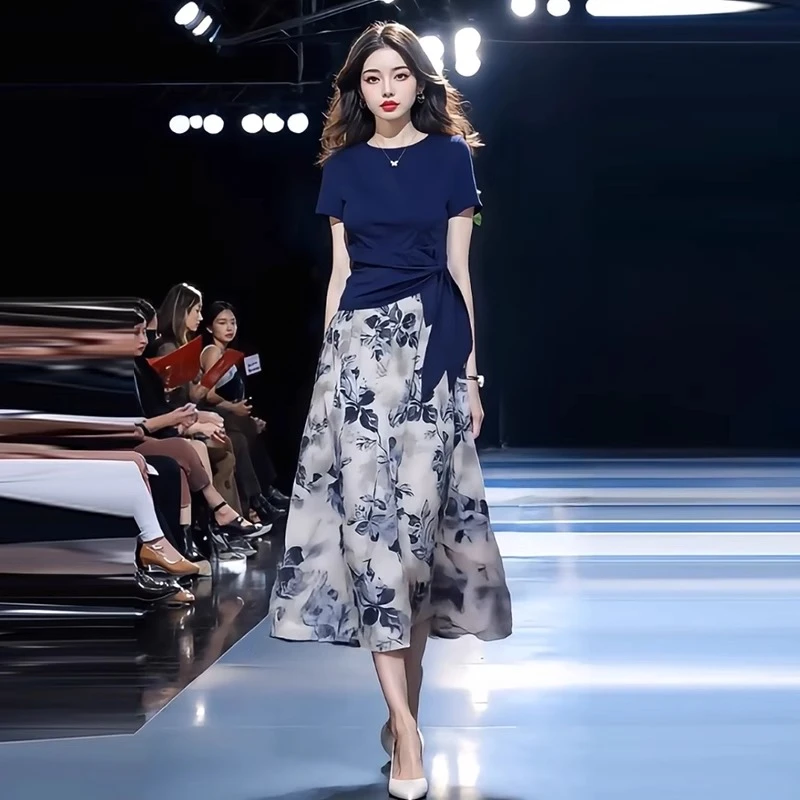 拉夏贝尔时尚套装裙女夏季新款显瘦洋气短袖上衣印花半身裙两件套