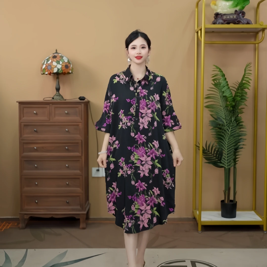 2571  时尚气质高雅紫色印花衬衫领显瘦女装连衣裙