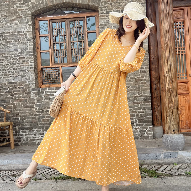 棉绸连衣裙子碎花夏季女修身显瘦气质宽松法式收腰遮肚子过膝长裙