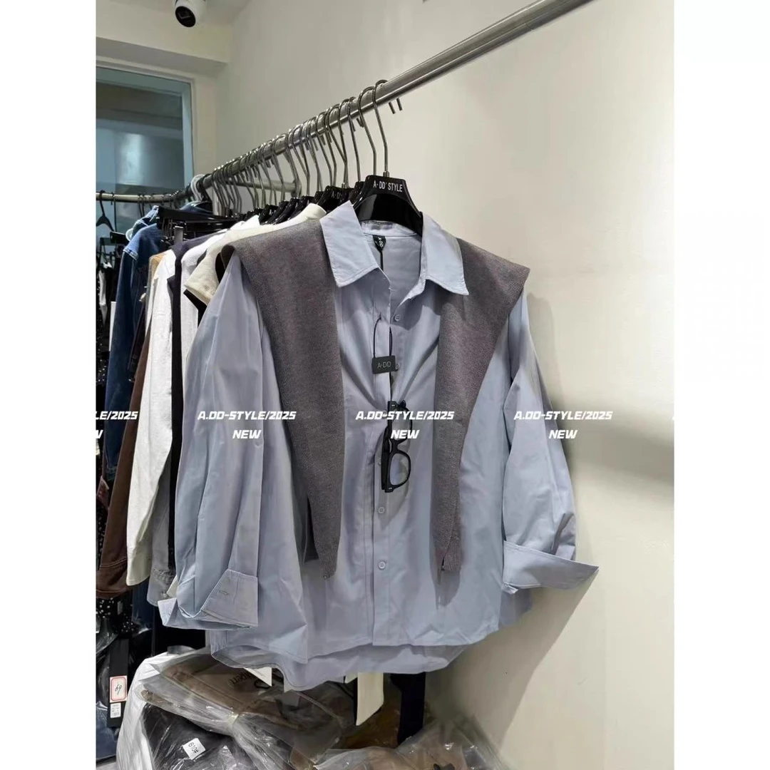 韩国东大门秋季新款复古气质韩系长袖衬衫搭配针织披肩两件套上衣