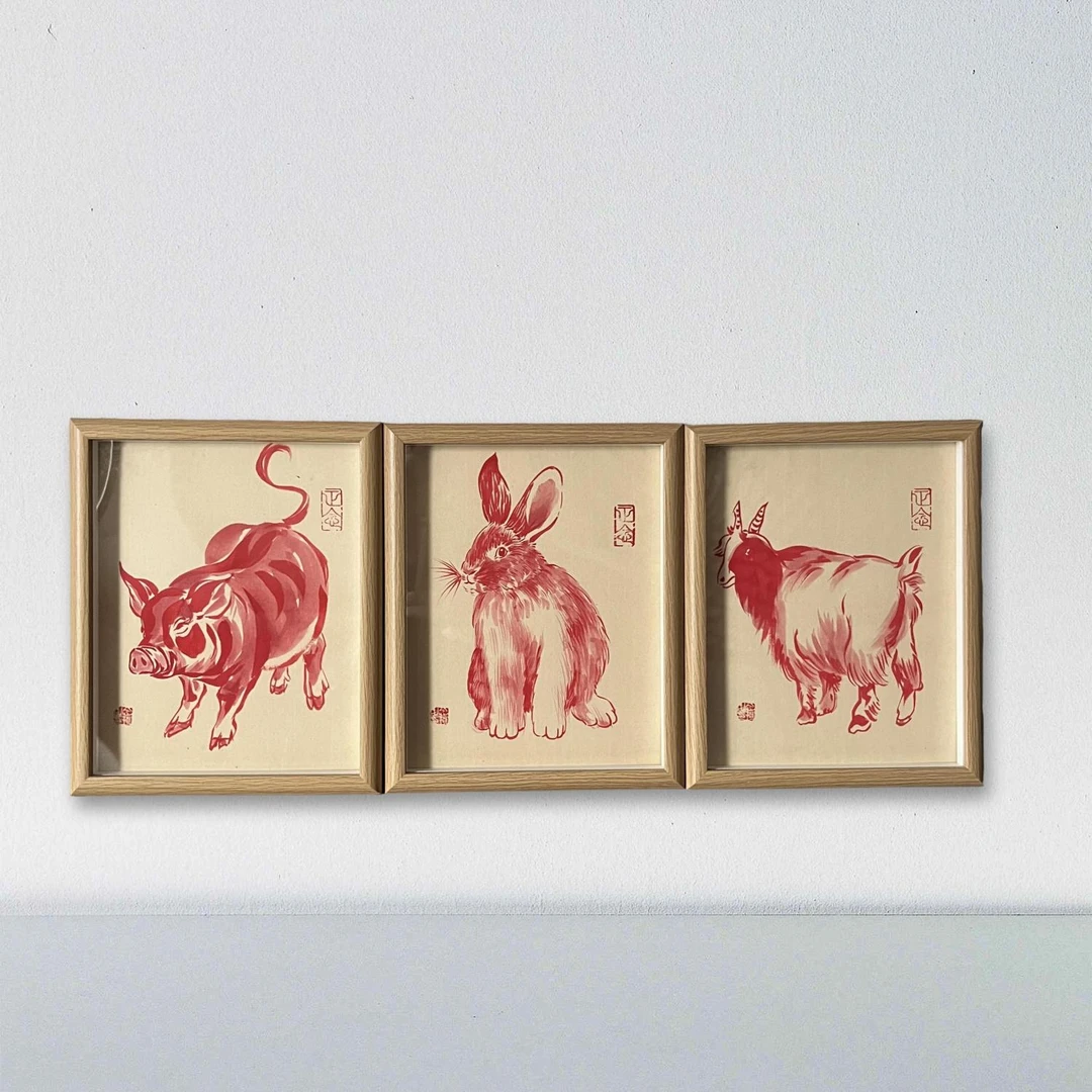 念琦手绘 带框国画书法22×27厘米~国画《三合动物》艺术传承赠礼