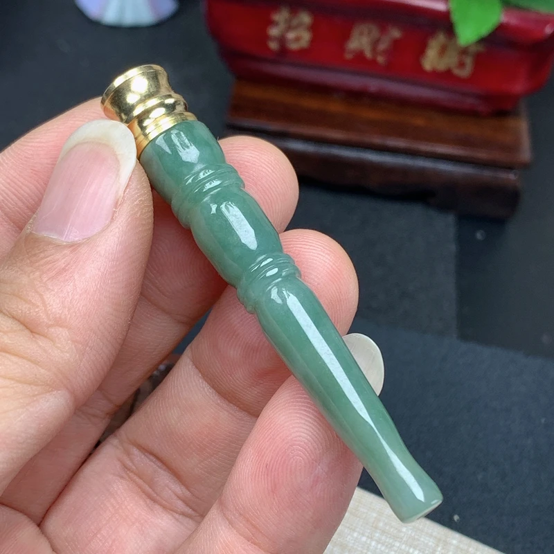 优惠缅甸纯天然翡翠A货老坑料飘花过虑烟嘴把件实用型送礼