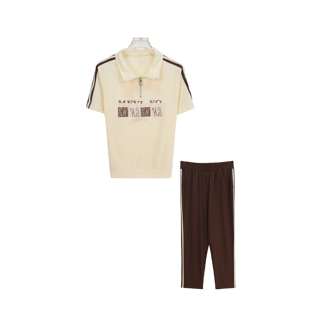 拉链小立领拼色烫钻短袖休闲裤套装S844