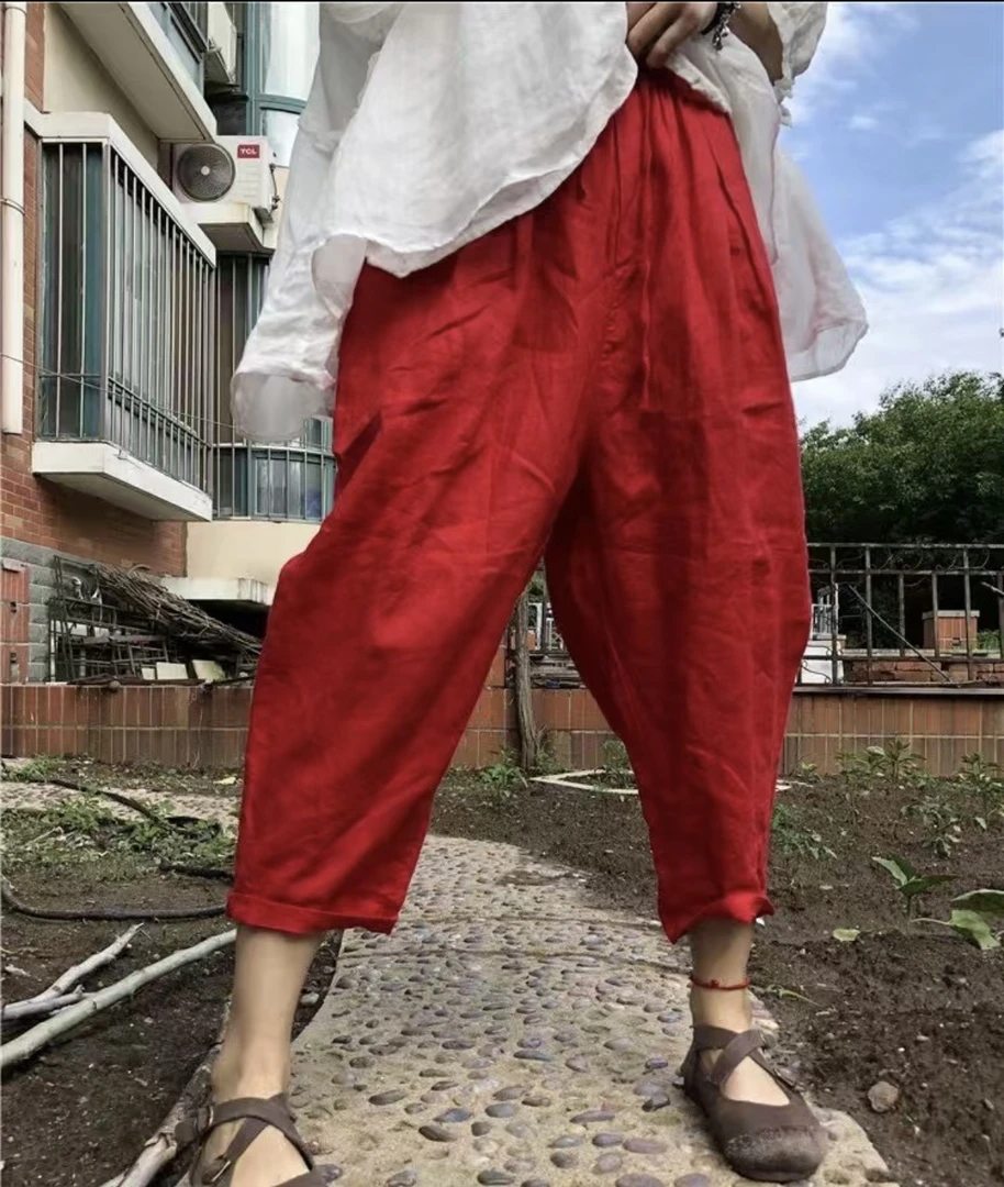 亚麻松紧腰系带宽松显瘦休闲小脚裤（100-160）斤