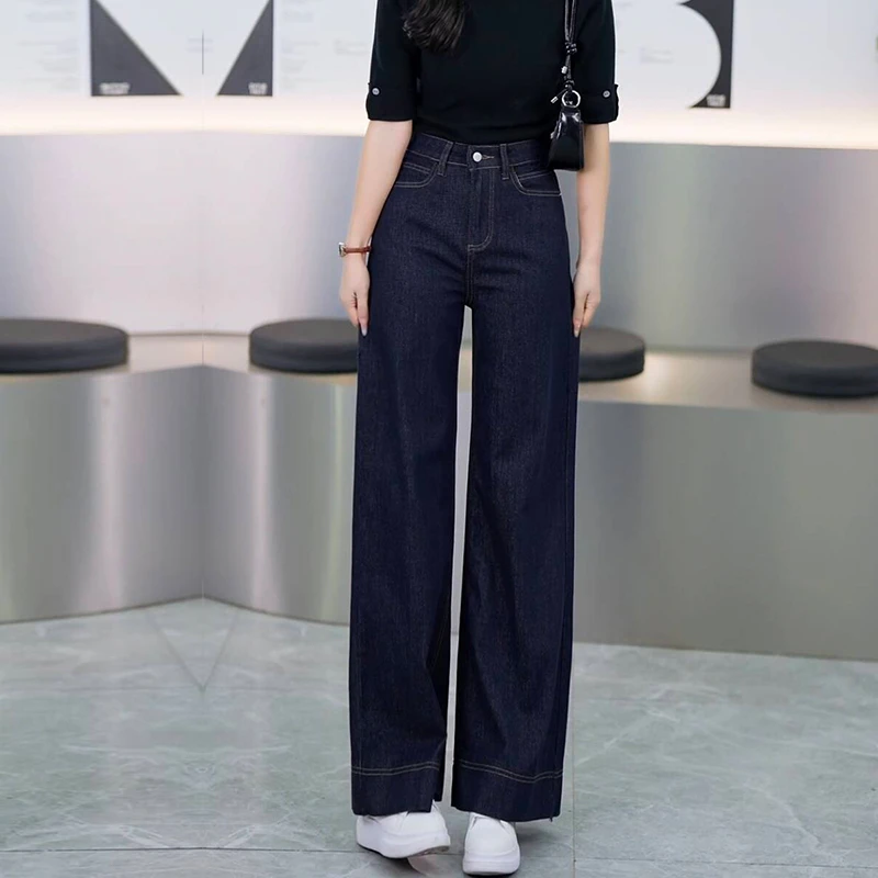 显瘦单宁蓝长裤加绒牛仔裤春秋直筒弹力微喇裤小个子宽松外穿百搭