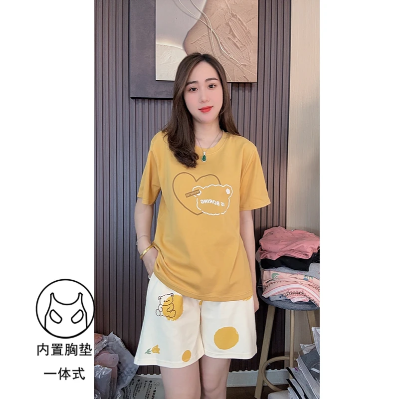 胸垫版睡衣女夏款纯棉短袖短裤韩版可外穿家居服套装（爱心熊短裤）