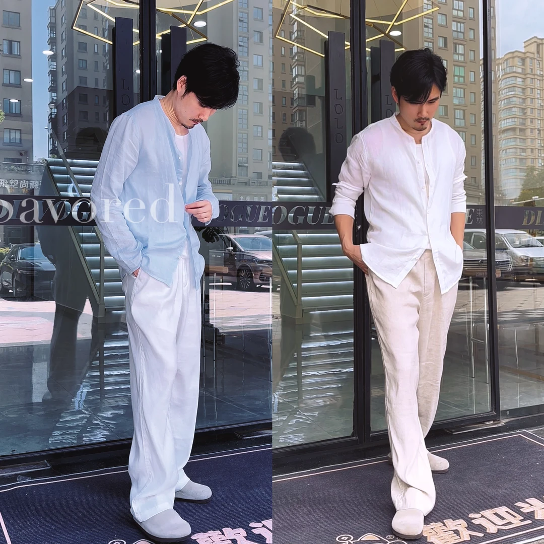 高档纯亚麻衬衫男长袖薄款宽松休闲棉麻衬衣度假风小众时尚新款