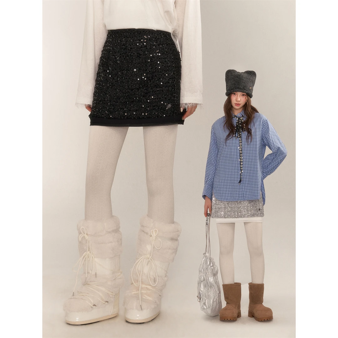 AsGony 设计感闪闪珠片A字半身裙女气质百搭美式辣妹风短款包臀裙