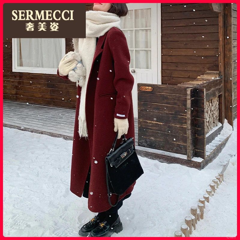 上档次高级感奢美姿酒红色双面大衣2025秋冬小众中长款毛呢外套