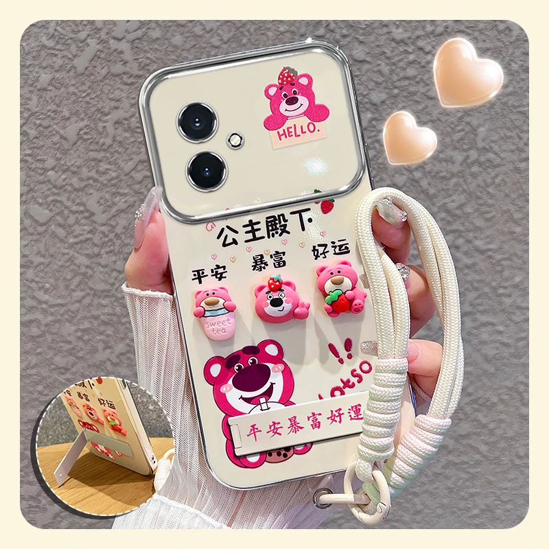 适用【oppok11】手机壳粉色草莓熊大视窗折叠支架硅胶防摔女款可爱