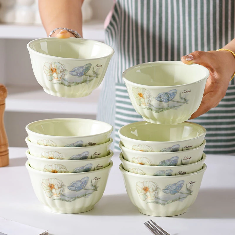 爱莲说雅枫绿10个4.5英寸饭碗加厚防烫耐高温外贸深口陶瓷碗餐具