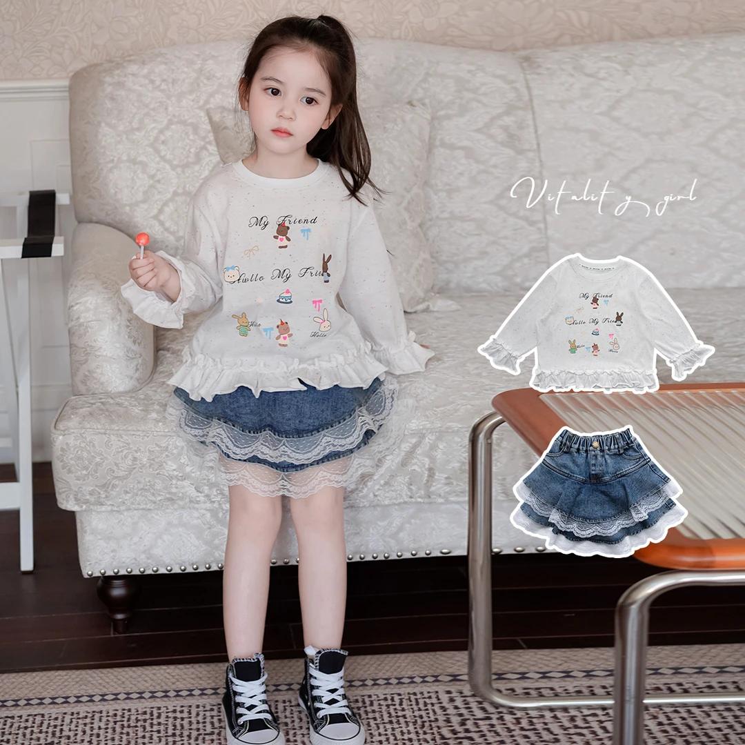 AnnieGirl春季新款2025女童卡通兔子字母花边长袖T恤牛仔裙裤套装