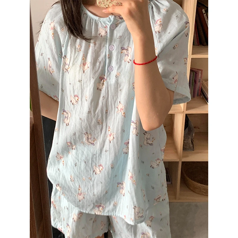 日系休闲甜美碎花小鸭子睡衣女夏季新款短袖短裤可外穿家居服套装