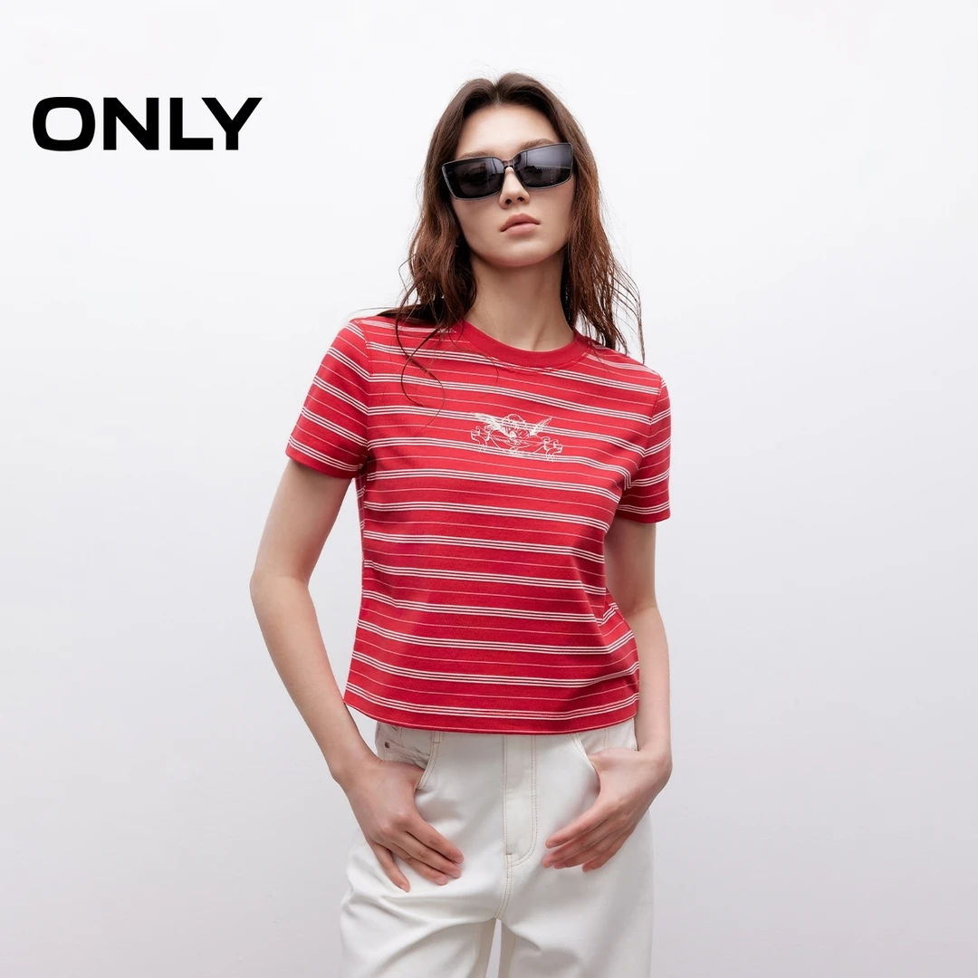 ONLY2025夏季新款”撞色条纹“显瘦正肩印花T恤女休闲|125201019