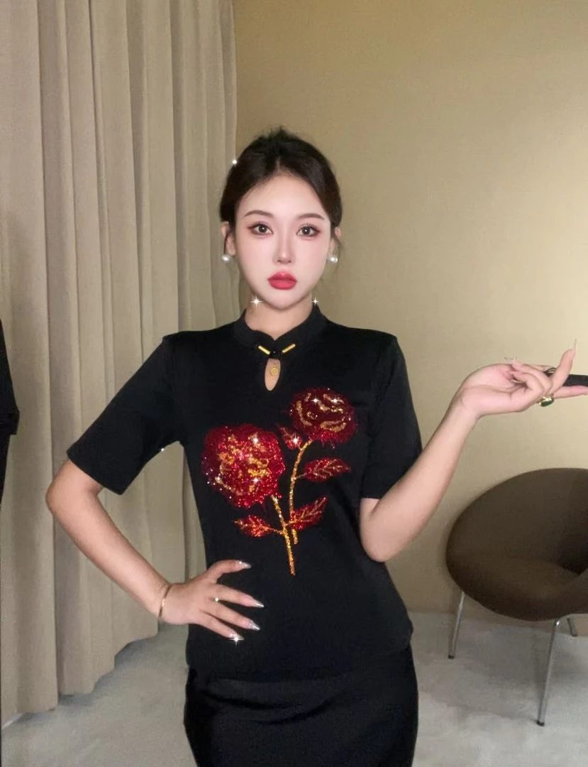 【奢华爆款】新中式玫瑰夫人立领爆款洋气时尚打底衫3061气质夏季