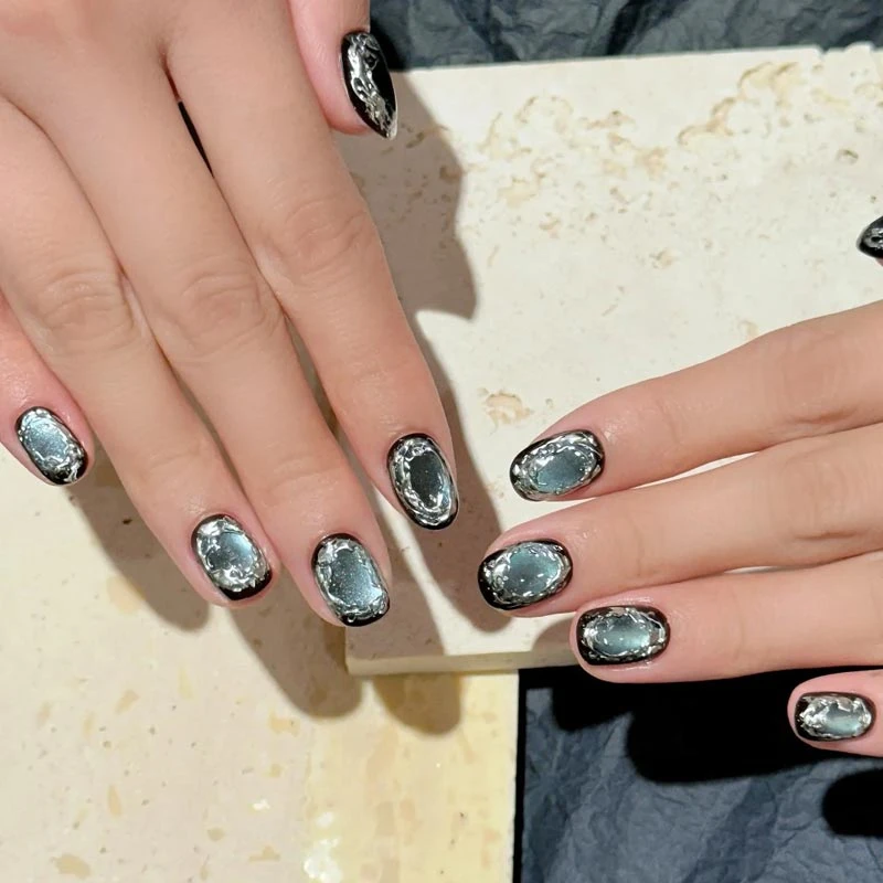 【冰岛】夏季纯手工穿戴甲猫眼金属风显白高级简约感可拆卸美甲贴片