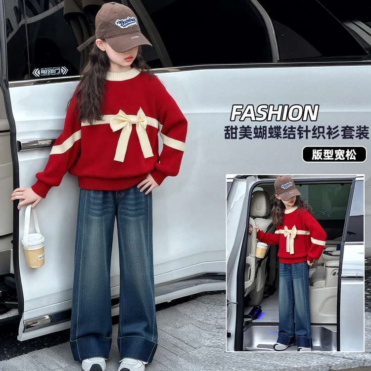 2025秋冬新款女童红色毛衣蝴蝶结爆款内搭打底洋气女宝宝秋冬衣服