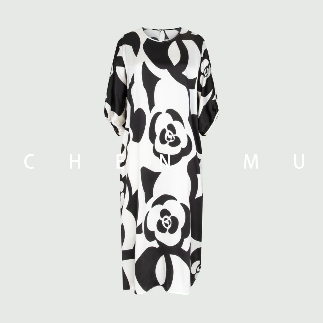 【宸慕】高端重磅山茶花设计新款桑蚕丝连衣裙25025