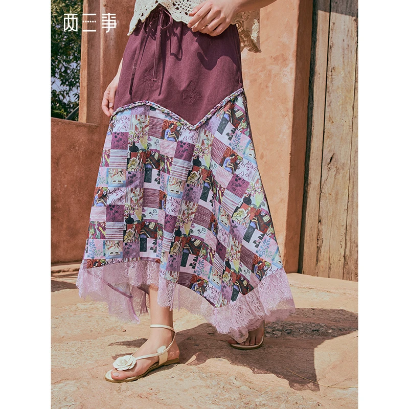 两三事葡香手帐复古拼布印花蕾丝拼接不规则半身裙