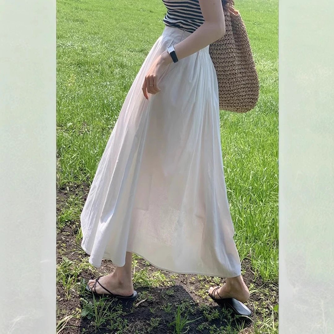 白色半身裙女款夏季小个子高腰显瘦伞裙中长款百褶裙遮胯裙子长裙