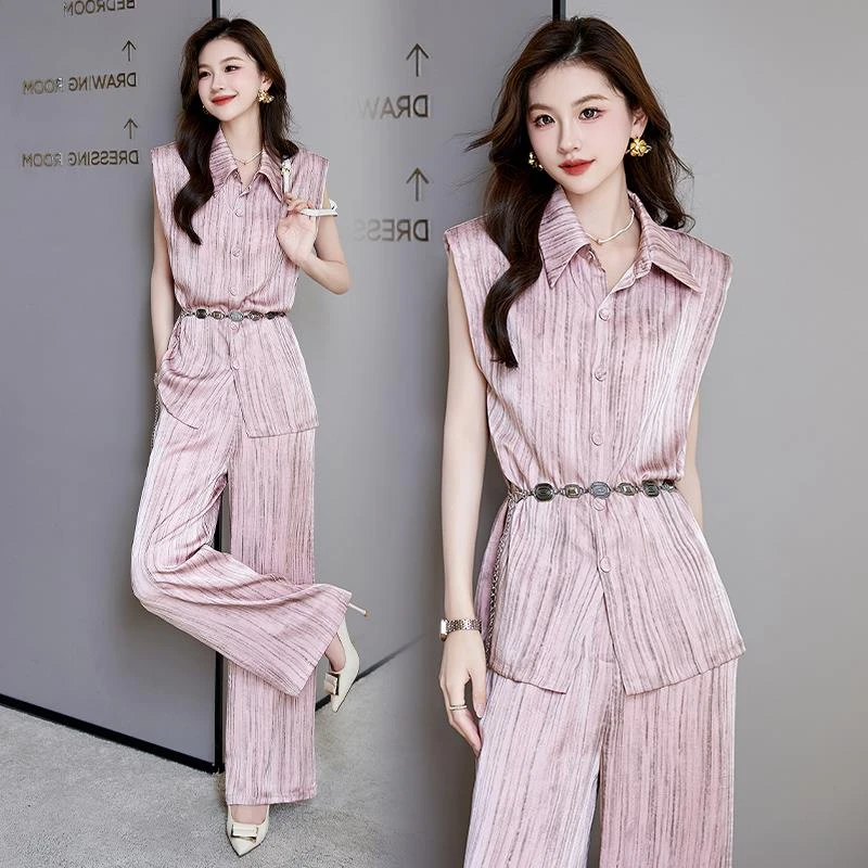 职业阔腿裤套装女2025年夏季新款高级感气质女神范条纹衬衫两件套