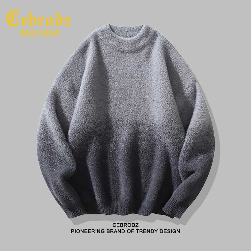 法国Cebrodz秋冬季渐变针织衫圆领商务套头免烫毛衣毛边质感上衣