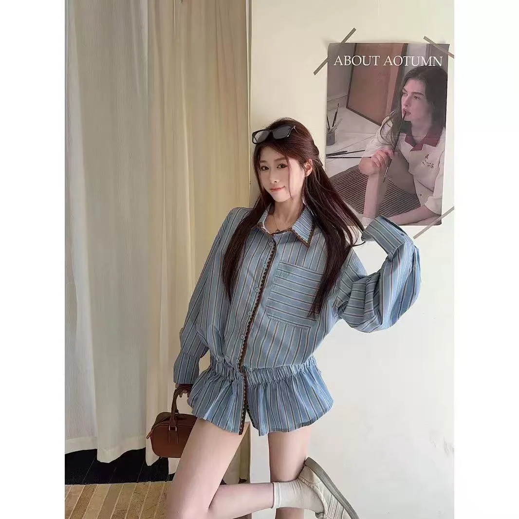 琦琦子 A5207# 东大门韩系早秋小众撞色条纹长袖衬衫