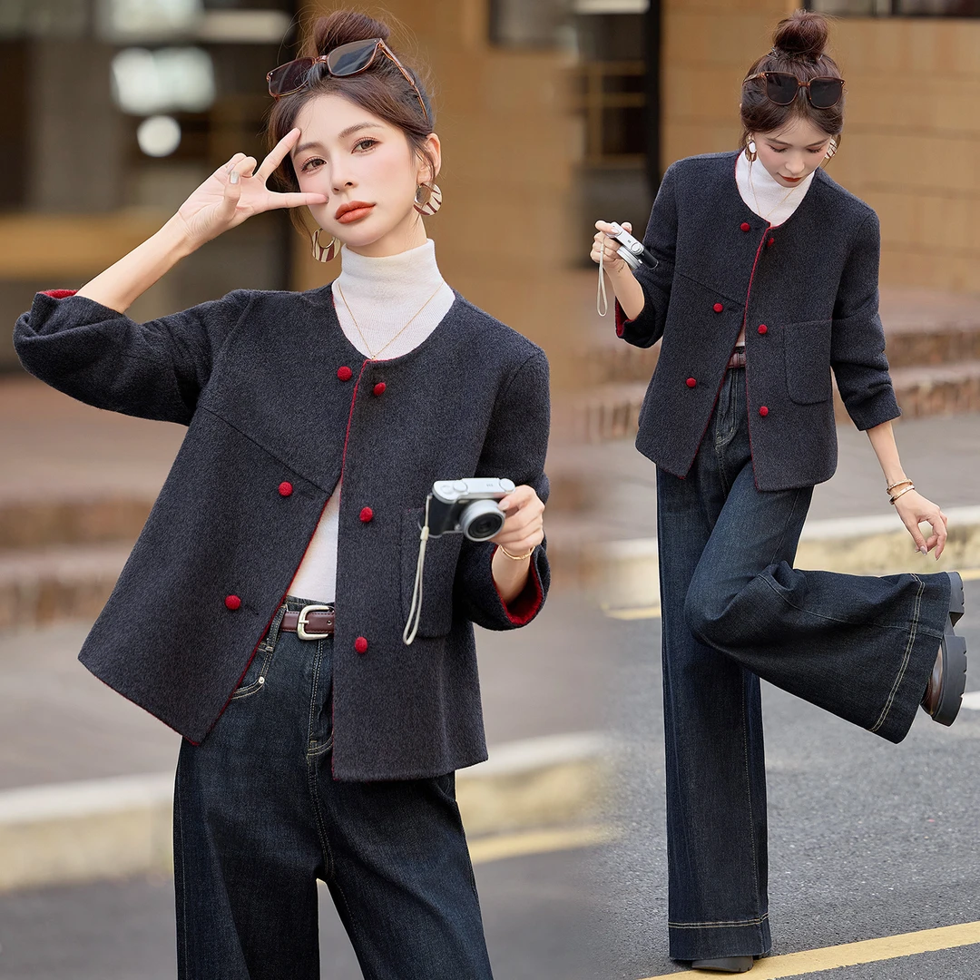 时尚高级感灰红双拼撞色羊毛呢外套女短款小个子千金风双面呢大衣