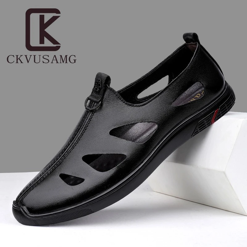 CKVUSAMG凉鞋男2025新款秋季高端男士休闲镂空皮鞋防滑洞洞鞋软底