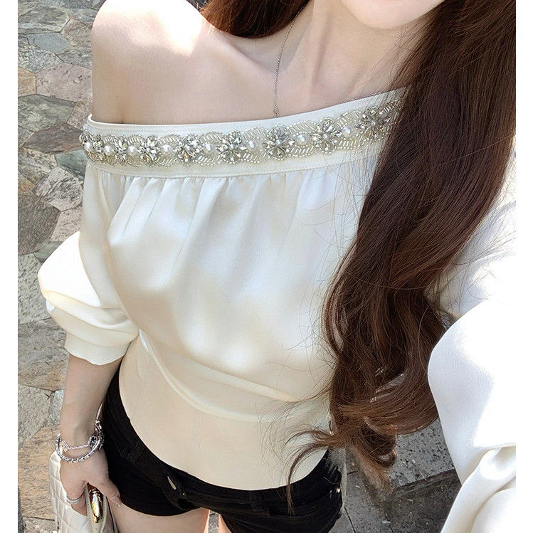 温柔风法式斜肩一字领收腰长袖衬衫女春季设计感小众纯欲缎面上衣